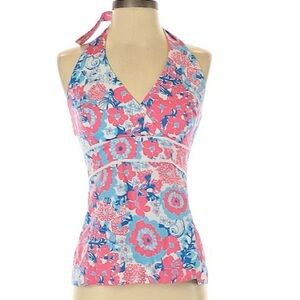 Lilly Pulitzer Pink Blue Floral Print Cotton blend Halter
Neck Blouse Top Sz 10